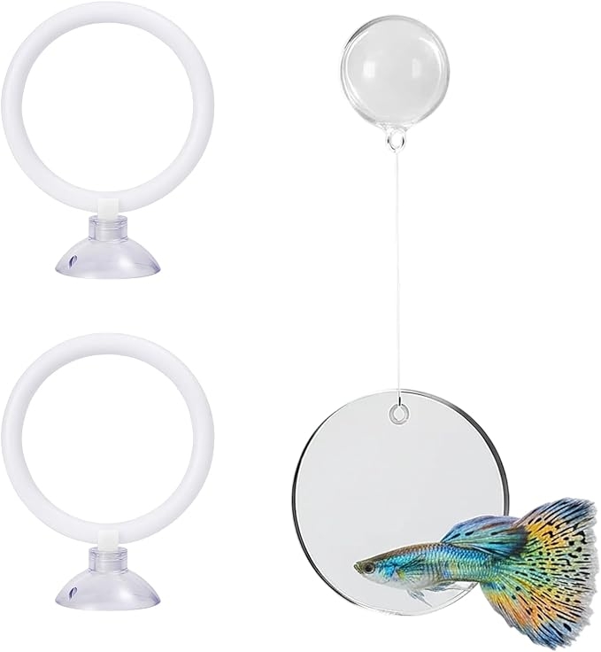 Betta Fish Tank Accessories, 3-Piece Set with 2 Training Rings and 1 Mirror with Floating Ball, Plastic Betta Fish Toys for Aquarium Enrichment