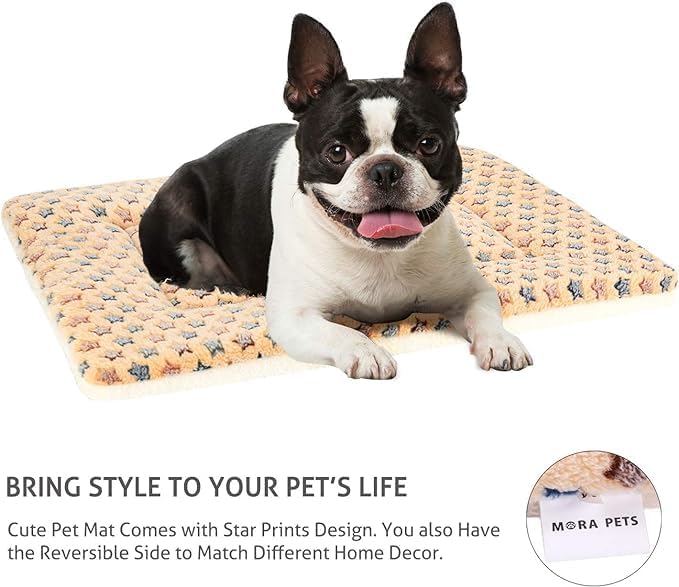 Mora Pets Dog Bed Crate Pad Ultra Soft Pet Bed with Cute Star Print Washable Crate Mat for Large Medium Small Dogs Reversible Fleece Dog Crate Kennel Mat Cat Bed Liner 35 x 22.8 inch Brown