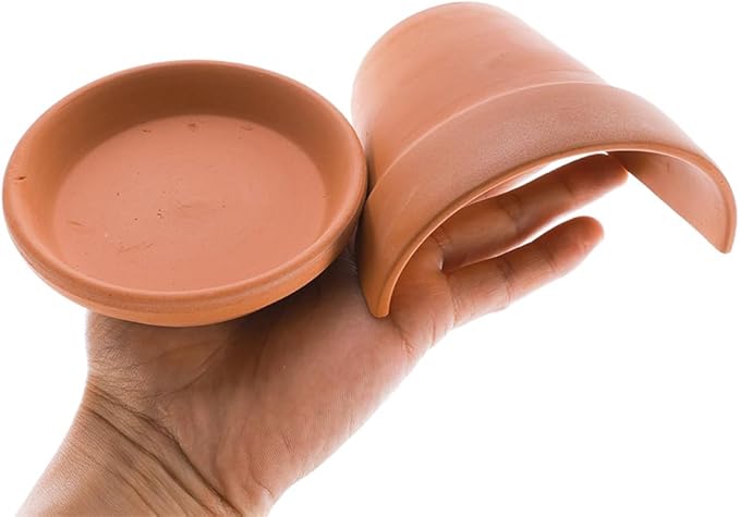 2Pcs Terracotta Reptile Hide and Feeding Bowl Set, Terra Cotta Clay Hideout and Food Water Feeder Dish for Lizard Leopard Gecko Hermit Crab Terrarium Tank Accessories