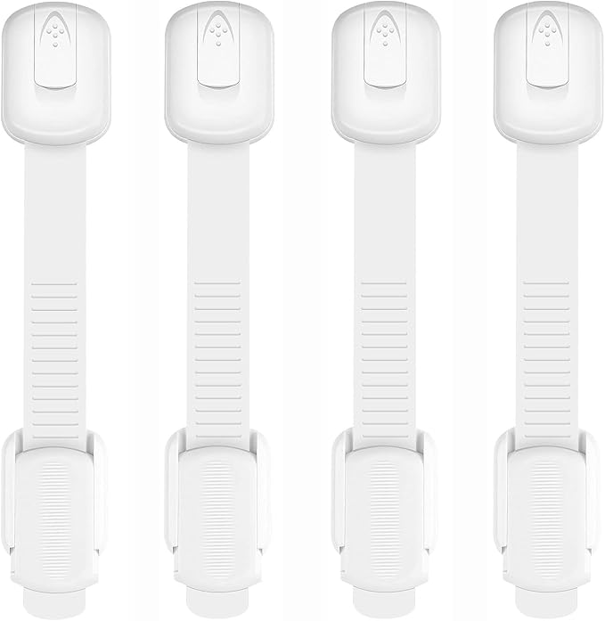 Child Safety Strap Locks for Cabinet, Fridge, Ovens, Toilet, Drawer, Trash can etc with Strong Adhesive Not Easy to Fall Off, Adjustable Length, 4 Packs