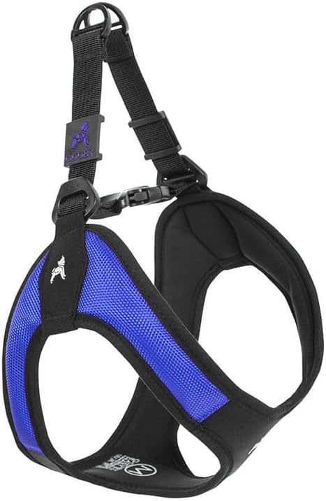 Gooby Escape Free Easy Fit Dog Harness, Step-in, Blue, Small | Patented escape-free frame; Contracts if they back out; Step-in easy on/off; Machine washable; Light POM leash ring