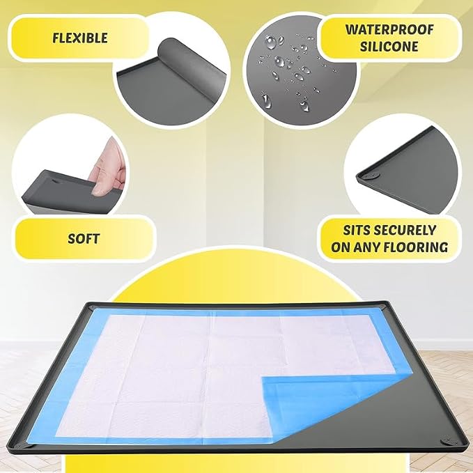 Dog Pee Pad Holder Tray Fits for 28” x 34” Pee Pads - 1 Pack - Grey | Corner Lock Holes, Raised Edges, Non-Spill, Easy to Clean Silicone Dog Potty Tray Holder, For Indoor Floor Protection