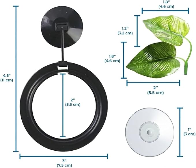 SunGrow Betta Ring and Leaf Hammock, Faux Fish Leaf Pad with Suction Cup, Spawning Ground, Breeding, and Resting Bed, Feeding Spot, Hideout Ornament and Aquarium Décor, Black Circle Fish Feeder, 2 Pcs