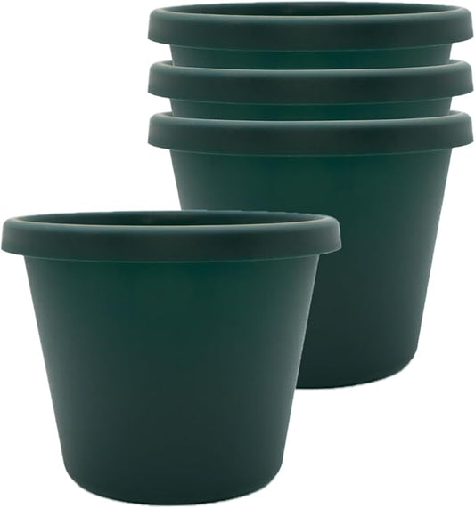 The HC Companies 6 Inch Prima Round Planter Pots with Drainage Holes and Rolled Rim, Lightweight UV-Resistant Plastic Indoor & Outdoor Planters, 4-Pack Flower Pots for Garden & Home Decor, Evergreen