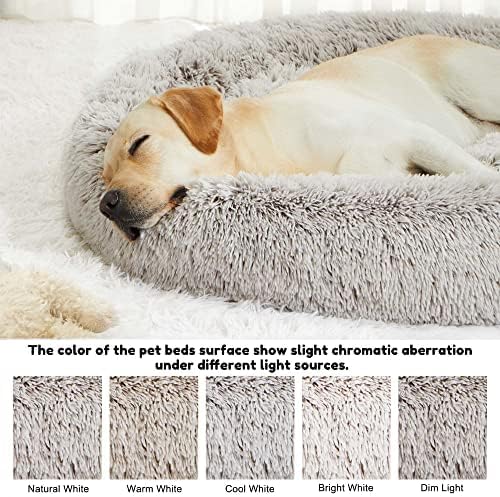 Western Home Calming Donut Large Dog Bed Pet Bed,36" White Khaki | Fluffy Faux Fur Round Cuddler,Anti-Anxiety,Anti-Slip Bottom,Plush Round Pet Dog Beds for Large Sized Dogs,Up to 80 LBS