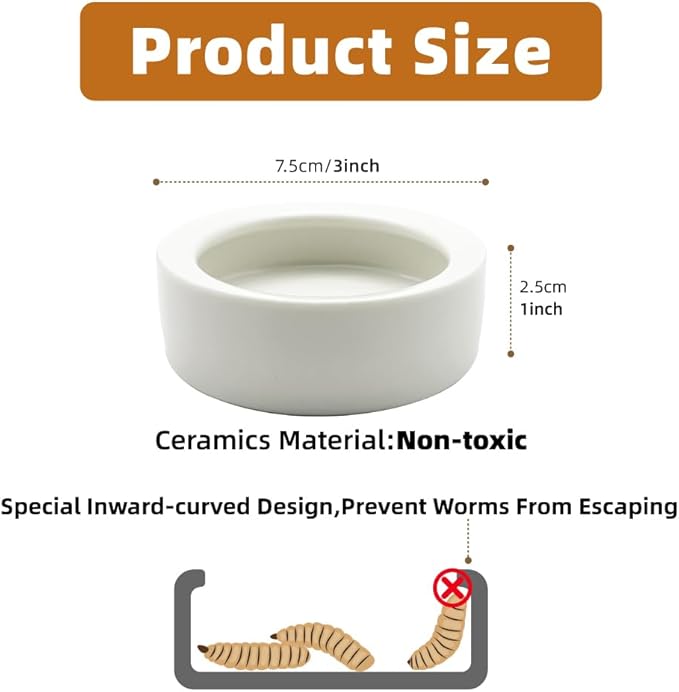 Escape-Proof Reptile Food Dish Bowl, Ceramic Reptile Feeding Dish & Small Animal Bowl for Lizard, Leopard Gecko, Hermit Crab, Hamster, Anti Escape Live Food & Water Dish (3x1in)