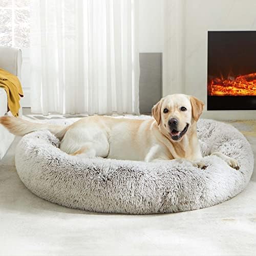 Western Home Calming Donut Large Dog Bed Pet Bed,36" White Khaki | Fluffy Faux Fur Round Cuddler,Anti-Anxiety,Anti-Slip Bottom,Plush Round Pet Dog Beds for Large Sized Dogs,Up to 80 LBS