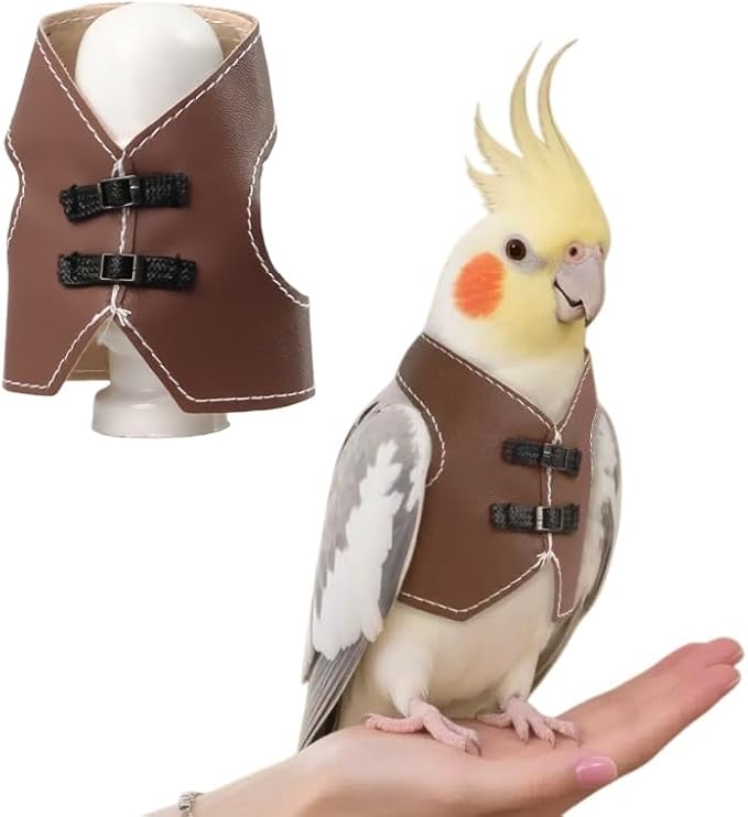 Bird Clothes, Parrot Leather Jacket, Bird Costume Cosplay Photo Prop, Parrot Apparel for Eclectus, Budgerigar, African Greys Parakeet, Conure, Cockatiel, Love Birds-Cowboy Style,Brown,L