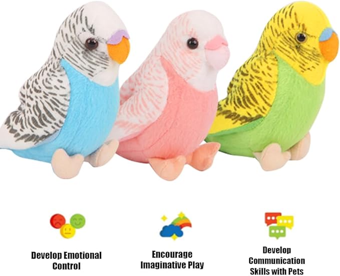 3 Pcs Budgerigar Plush Toy, 5.5 inches, Parakeet Plush Toy, Budgie Soft Toy, Bird Stuffed Animal for Kids, Blue and Green and Pink