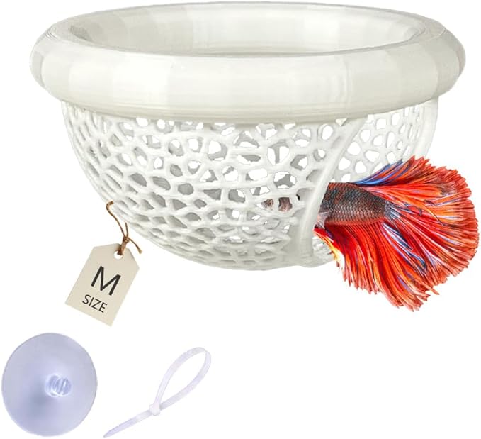 Floating Betta Hammock with Suction Cup, Shrimp Cave, Betta Fish Feeding Rings,3D Printed Aquarium Decor (White, Medium)