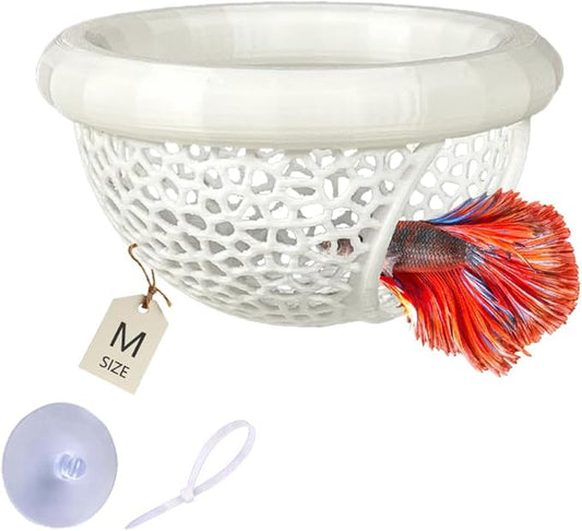 Floating Betta Hammock with Suction Cup, Shrimp Cave, Betta Fish Feeding Rings,3D Printed Aquarium Decor (White, Medium)