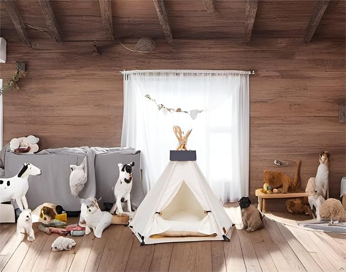 Dog Teepee Bed Cat Tent Portable Houses Pet Puppy with Thick Cushion (M:Size fits 9kg/20lbs (Pets)) | (White, M:Size fits 9kg/20lbs (Pets))