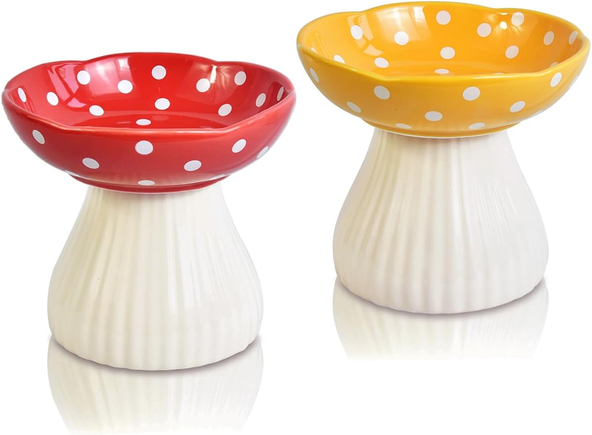 Mushroom Elevated Cat Bowls Ceramic, Cute Cat Bowls Whisker Fatigue | Raised Cat Bowl for Indoor Cats, Raised Dog Bowls Stand for Food and Water, Red+Yellow 6" Wide for Adult Cats