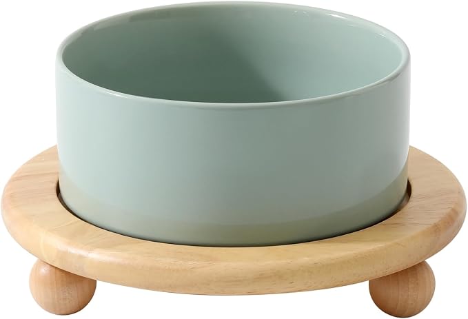 Havniva Raised Cat Bowl 6.1” Elevated Ceramic Cat Food and Water Bowl | Cat Bowls Elevated, Whisker Friendly Cat Bowl, Non-Slip Wood Stand, Food-Grade Ceramic, Wide Opening, Dishwasher Safe