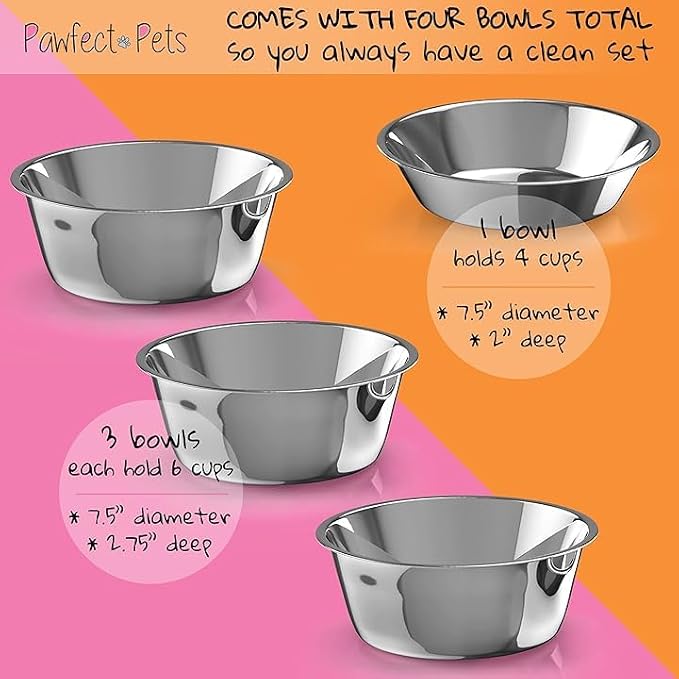 Elevated Dog Bowl Stand- 7" Raised Pet Feeder for Medium Dogs with Four Stainless Steel Bowls.