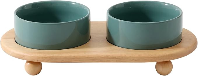 Havniva Raised Cat Bowl 5.1” Elevated Ceramic Cat Food and Water Bowl Set | Cat Bowls Elevated, Whisker Friendly Cat Bowl, Non-Slip Wood Stand, Food-Grade Ceramic, Wide Opening, Dishwasher Safe