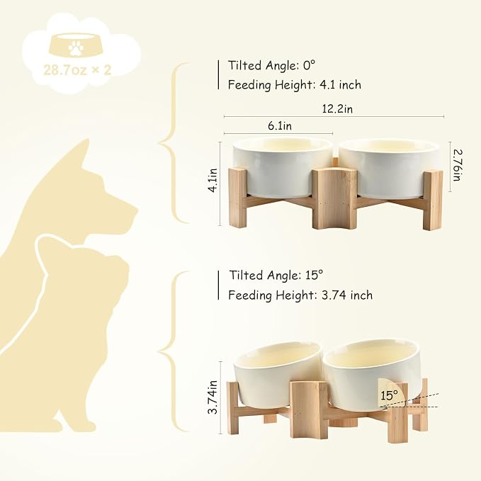 SPUNKYJUNKY 15° Slanted Ceramic Dog and Cat Bowl with Wooden Stand, Tilted Bulldog Food and Water Bowl No Slip Non-Spill for Cats Medium Dogs Big Face Pets 28.7 OZ (3.6 Cups, Beige × 2)