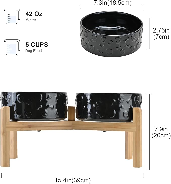 SPUNKYJUNKY Elevated Dog Bowls Ceramic, 7.3'' Dogs Food Water Bowls Raised with Non-Slip Bamboo Stand for Medium to Large Sized Breed Microwave Dishwasher Safe - 42 OZ,Skull Black