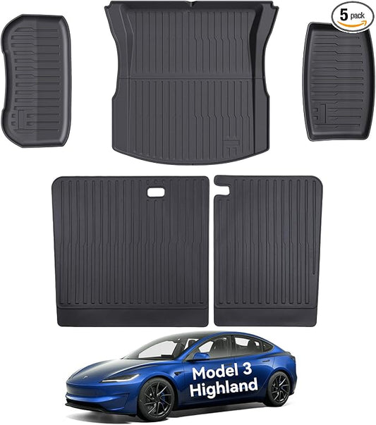 Cargo Mat Compatible with Tesla Model 3 Highland 2024-2026, Heavy-Duty TPE Trunk Liner Rear Seat Back Protector Model 3 Accessories Custom Fit Trunk Mat- 5PCS