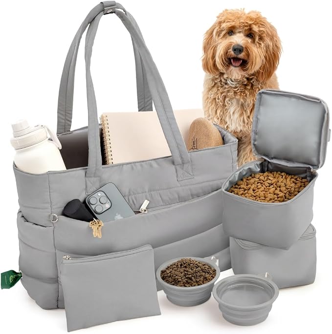 Puffer Dog Travel Bag for Dog Moms, Diaper Bag with Travel Bowls | 2 BPA-Free Collapsible Bowls, 2 Pet Food Containers, 9 Pockets, Everyday Puffer Bag Works With or Without Your Dog, Grey