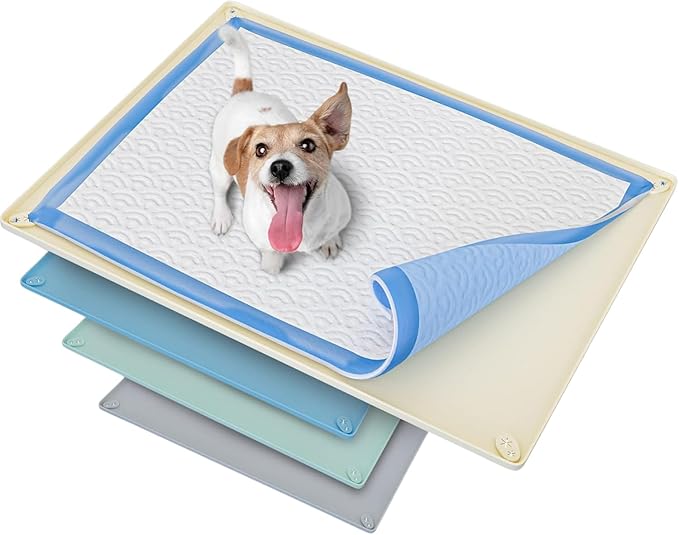 Skywin Dog Pee Pad Holder Tray Fits for 30” x 23” Pee Pads - 1 Pack - Beige | Corner Lock Holes, Raised Edges, Non-Spill, Easy to Clean Silicone Dog Potty Tray Holder, For Indoor Floor Protection