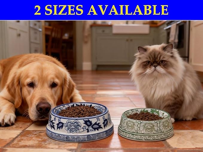 Aimusego Ceramic Cute Dog Cat Bowl for Small Breeds, Handpainted Green & White Heavyweight Durable Pet Food and Water Dish Crock, Dishwasher Safe- 1.5 Cups