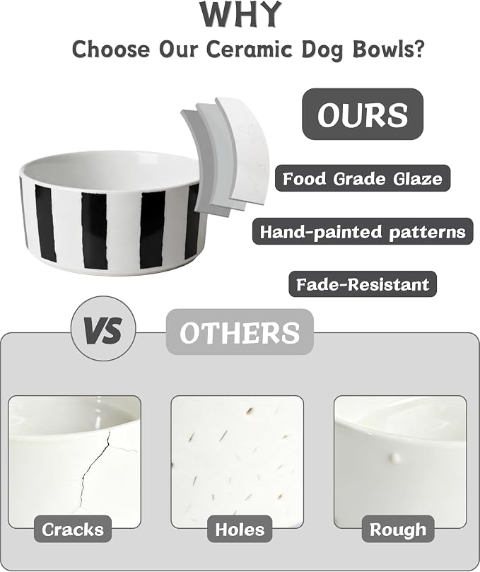 TRUVIC Ceramic Dog Bowl Set of 2 with Wood Stand, Black and White Checkered & Striped Dog Food and Water Bowl Set, 3.5 Cup/28 oz Elevated Puppy Food Bowls for Medium Dogs, Dishwasher Safe