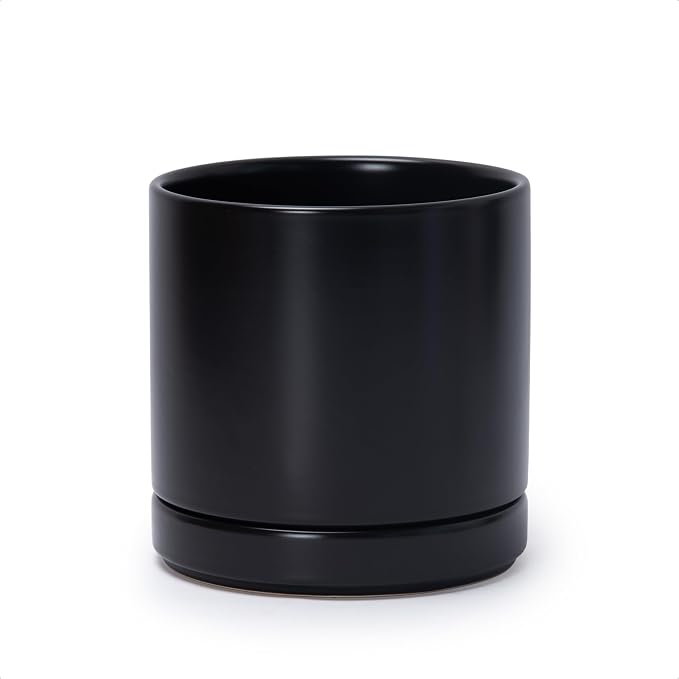 D'vine Dev 6.5 Inch Ceramic Planter Pot, Black, 94-O-C-2 | Modern Cylinder Design, Drainage Hole & Saucer Included, Stable Structure, Elegant Home Accent