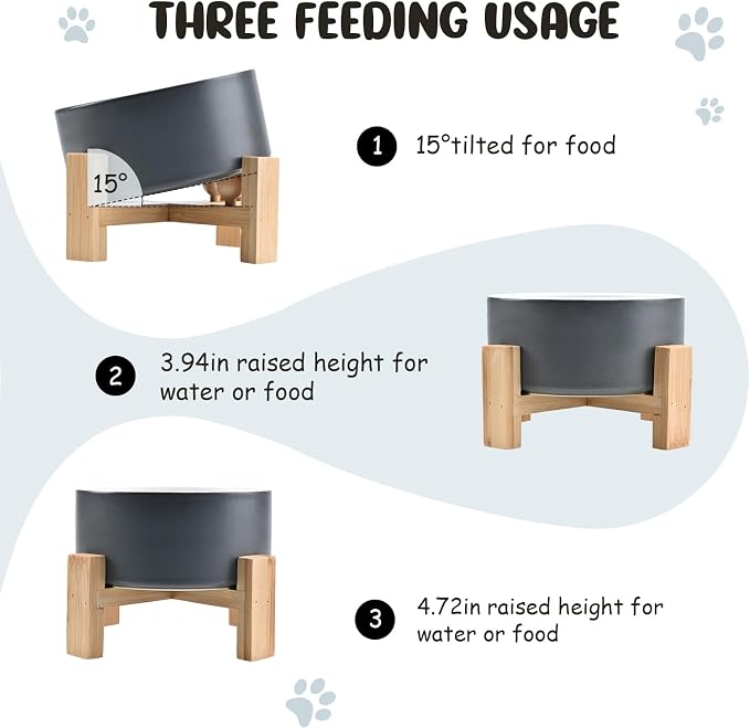 SPUNKYJUNKY 15° Slanted Ceramic Dog and Cat Bowl with Wooden Stand, Tilted Bulldog Food and Water Bowl No Slip Non-Spill for Cats Medium Dogs Big Face Pets 28.7 OZ (3.6 Cups, White-Grey)