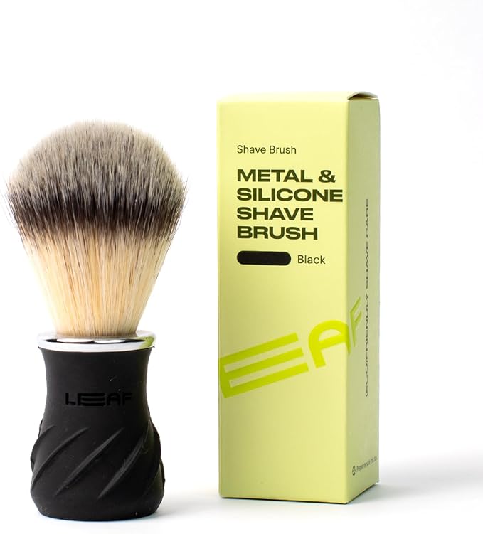 Leaf Shave Grooming Brush - Metal & Silicone Handle, Black | Measuring cup handle for use with soap and bowl sets, compatible with soap bar and accessories
