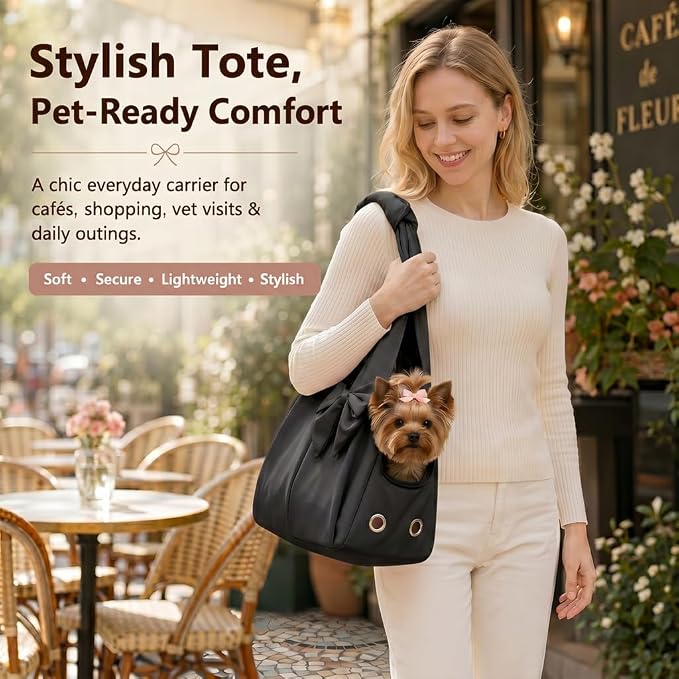 Fashion Dog Purse Carrier for Small Dogs, Soft-Sided Dog Bag Carrier with 4 Large Pockets, No Collapse, Lightweight, Smart Zipper Lock, Puppy Tote Bag for Cats Rabbit Carrier for Travel(Black)