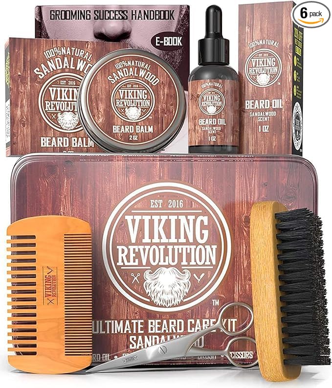 Viking Revolution Ultimate Beard Kit - Sandalwood, 5 Pcs with Metal Box | Complete Multi-Piece Men's Gift Box - Features Boar Brush, Wood Comb, Sandalwood Balm & Oil, Scissors for Beard & Mustache