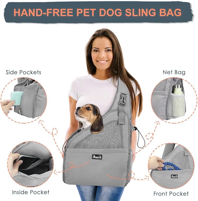 SlowTon Dog Sling Carrier, Hands Free Hard Bottom for Small Dogs up to 11lb | Breathable Mesh Support, Adjustable Padded Strap, with Pocket Safety Belt, Machine Washable, for Small Animal Puppy, Grey