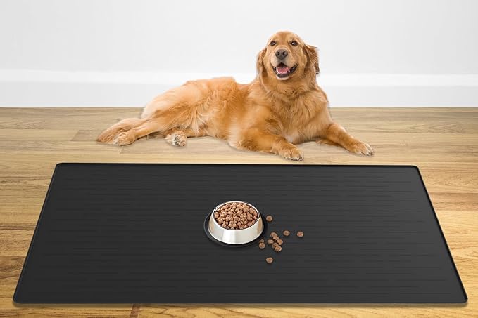 48" x 32" XXXL Largest Pet Food Mat, Silicone Dog Mats for Food and Water, Nonslip Pet Feeding Mats for Floors,Dog Cat Bowl Mat with Raised Edges, Black