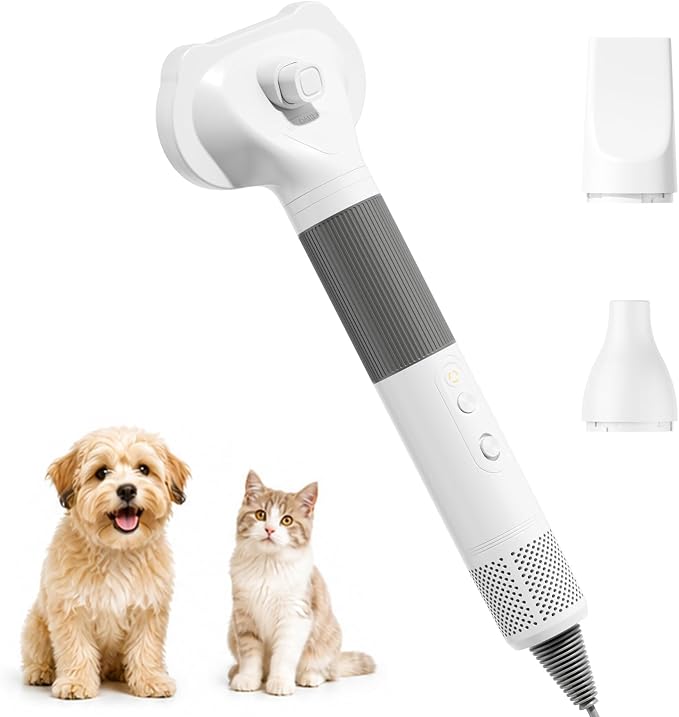 Pet Hair Dryer with Grooming Brush, Dog Blow Dryer, 3-in-1 Cat Blower, Grey | 110,000 RPM Pet Blower with One-Click Hair Removal, 3 Heat & 2 Speed Settings for Professional Home Grooming