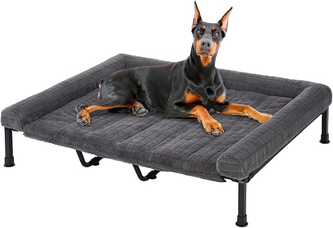 Veehoo Elevated Dog Bed with Fluffy Plush Bolster Cushion, Dog Couch Bed | Cooling Raised Dog Bed for Large Dogs, Washable Orthopedic Pet Cot with Removable Mat, Breathable Mesh, Non-Slip, 59", Grey