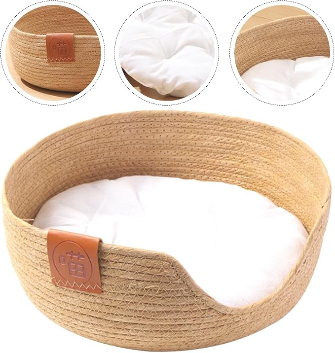 FRCOLOR Woven Cat Bed with Cushion Breathable Summer Pet Nest Cat Sleeping Bed for Cats and Small Dogs Indoor Pet Sleeping House 12.99 X 12.40 X 5.11 in