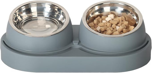 Mangeoire et distributeur d'eau UBPET pour chats, mangeoire améliorée 2025 pour chats avec bols en acier inoxydable, distributeur de nourriture pour chats et petits chiens, facile à nettoyer (blanc et gris)