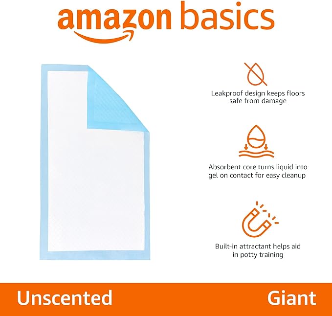 Amazon Basics Leak-Proof Dog and Puppy Potty Training Pee Pads with Quick-Dry 5-Layer Surface, Standard Absorbency, Giant Size, 27.5 x 44 Inch, Blue & White, 40-Pack