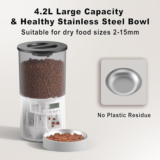 4.2L Automatic Cat Feeder,6 Meals/Day,Dual Power,Dry Pet Food Autofeeder Portion Control,Timer Setting,10S Voice Record (Transparent White, Stainless Steel Bowl)