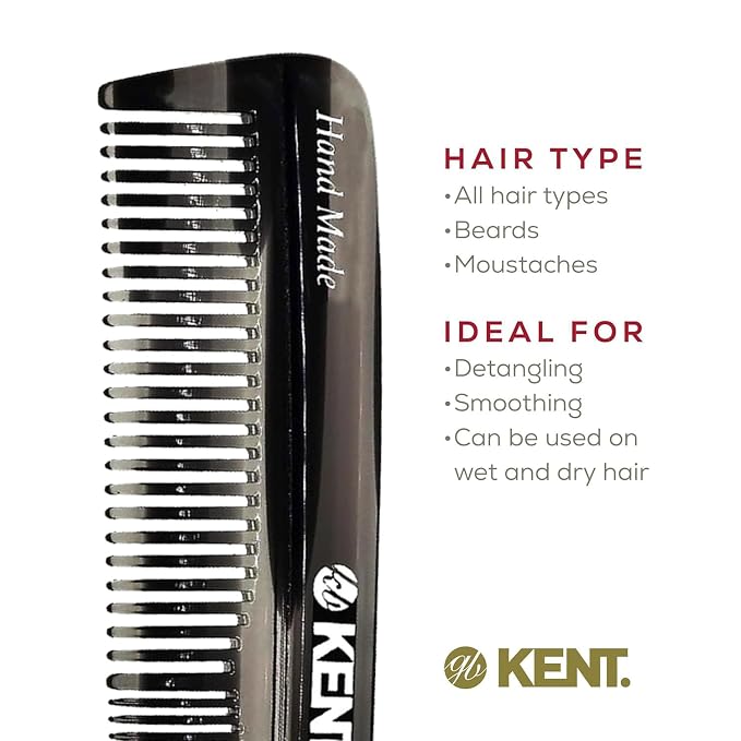 Kent R7T Black Graphite Double Tooth Hair Pocket Comb, Small Fine/Wide Tooth Comb For Grooming Styling Hair, Beard and Mustache, for Men, Women and Kids. Saw Cut and Hand Polished. Handmade in England