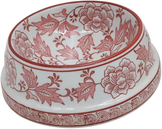 Aimusego Pink & White Ceramic Dog Bowl,Chinoiserie Floral Heavy Duty Non-Slip Dog Food Water Bowls, Ceramic Dish for Medium and Small Dogs and Cats, for Pet Owners,Puppy 9inch