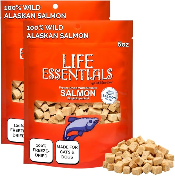Life Essentials by Cat-Man-Doo | Salmon - 2 Pack of 5oz. Bags | Freeze Dried Salmon Cat & Dog Treats | Healthy, Single Ingredient, Training Treats, High Protein