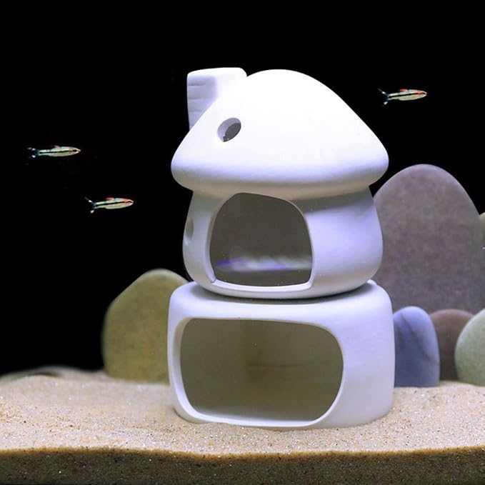 Ceramic Mushroom with Betta Hideout Cave Aquarium Decorations, Cute Fish Tank House with Cave Set for Amano Shrimp Cichlid Bonsai Goldfishes to Play, Hide and Rest - White