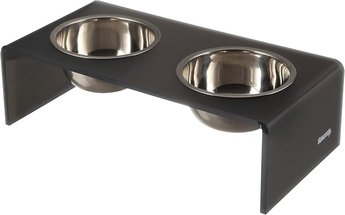 DBL2000J Keaton 5" Small/Medium Modern Acrylic Rectangular Elevated Pet Feeder with 20oz 2-Stainless Steel Bowls, Dark Gray/Chrome