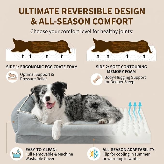 FAIRYPET Orthopedic Dog Bed for Medium to Large Dogs & Cats, Memory Foam Dog Bed with Washable Removable Cover, Top-Grade Dutch Velvet Fabric Pet Sofa Couch for Crate with Nonskid Bottom, Grey