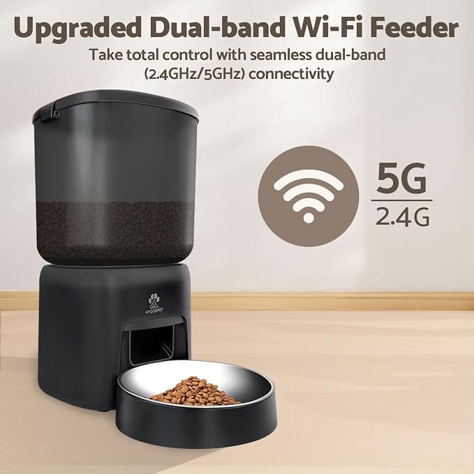 Automatic Cat Feeder, 5G WiFi Auto Cat Food Dispenser with Desiccant Bag, 5L Timed Pet Feeder with Free APP Service, Adjustable Portions Down to 1/12 Cup, Up to 10 Meals Per Day, Dual Power Supply