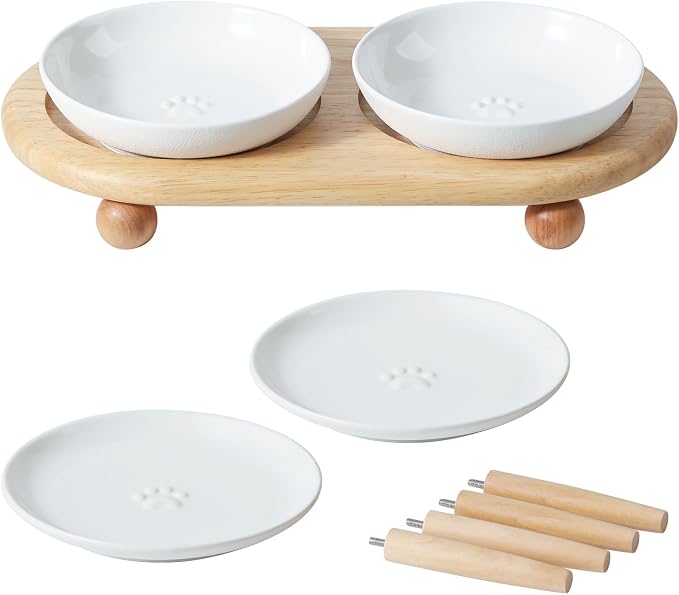 Havniva Elevated Cat Bowls, Cat Food and Water Bowl Set, Ceramic Cat Bowl | Raised Cat Food Bowls, Whisker Friendly, 5.6” Shallow Cat Dishes + 6” Wide Cat Plates, Non-Slip Wood Stand, Two Heights