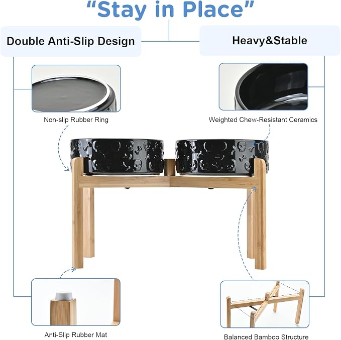 SPUNKYJUNKY Elevated Dog Bowls Ceramic, 8.3'' Dogs Food Water Bowls Raised with Non-Slip Bamboo Stand for Large Sized Breed Microwave Dishwasher Safe - 60 OZ,Skull Black