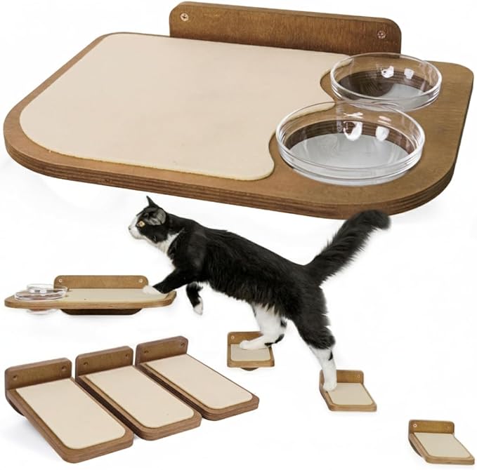 INICIO Cat Shelves - Feeding Shelf with 3 Cat Wall Steps - Natural Wood | Cat Wall Shelves with Wall Mounted Cat Food Bowls - Dog Proof Feeding Station and Convenient Feeder for Cats up to 15lbs